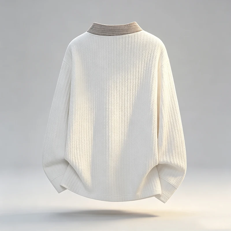 Herren-Polohemd mit Textur, langen Ärmeln, Kontrastkragen im Karomuster, lockere Passform, vertikale Streifen, Strickoberteil, lässiger Stil, Streetwear, für den täglichen Gebrauch. – Detail 6
