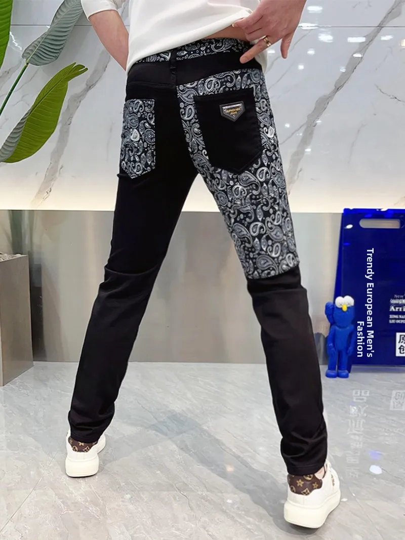 

Summer 2025 Men's Slim Fit Bla Denim Jeans Faionable Patchwork Print Thin Sle Long Pants Breathable Youth Trend