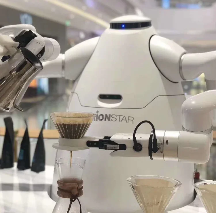 AI Nuovo robot a doppio braccio al dettaglio che serve caffè, gelato e tè Robot di servizio cooperativo autonomo intelligente