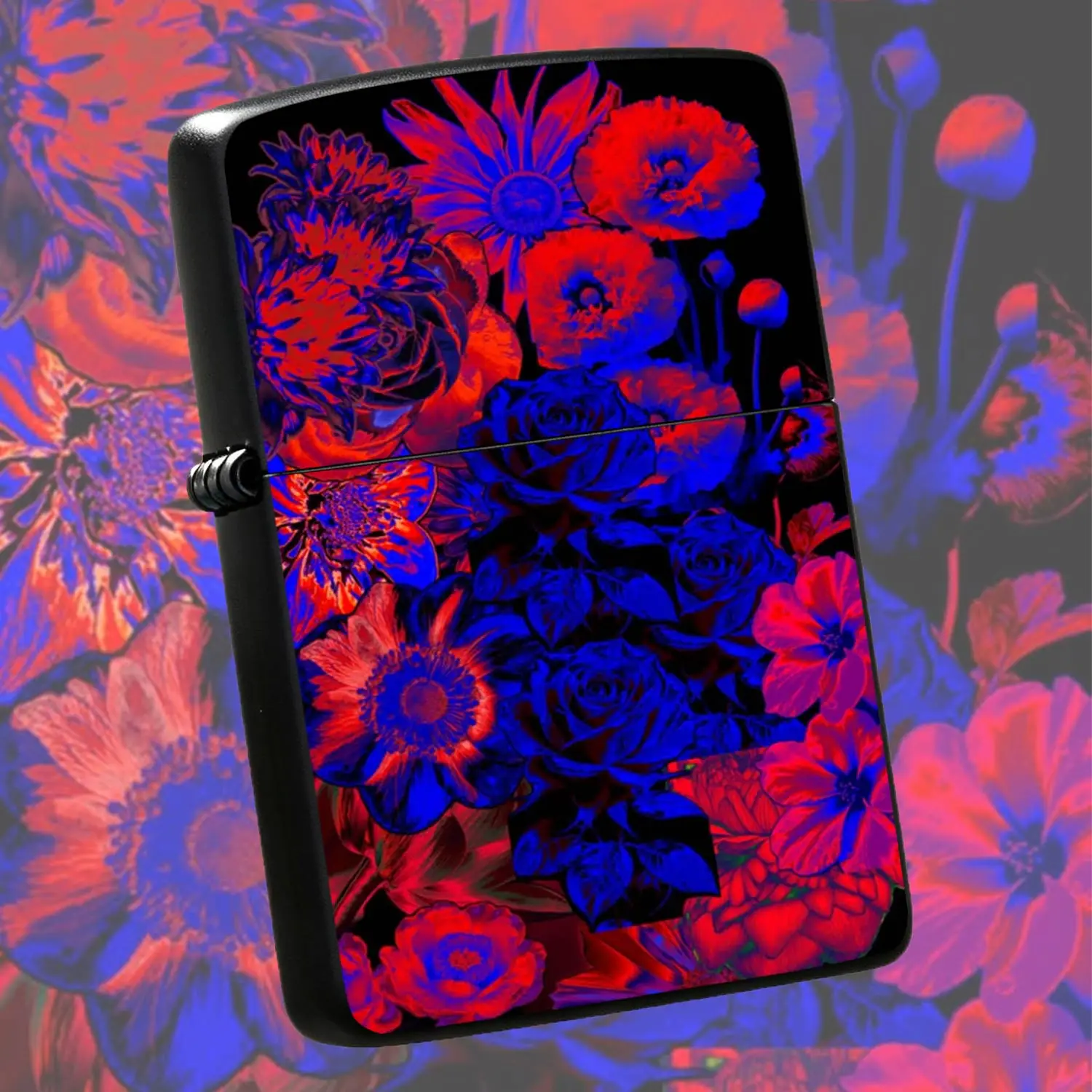 Cyber Neon Red Blue Floral Pattern Portable Lighter, Retro Contrast Color Art Blooms Aesthetic Delicate Ignition Accessory, Ideal For Daily Outdoor Multiple Scenarios, Stylish Practical Present For Friends Family A Humorous And Interesting