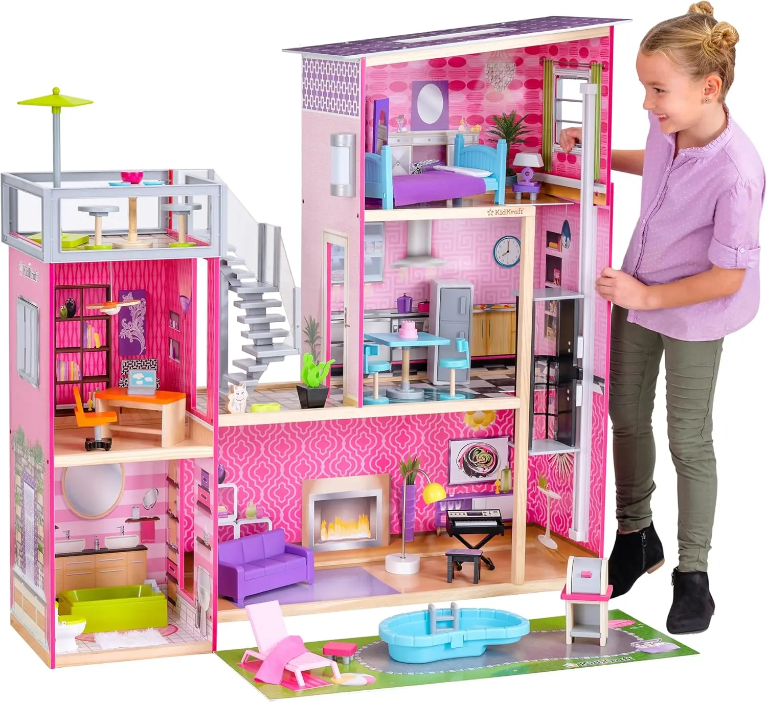 Uptown Wooden Modern Dollhouse with Lights & Sounds, Pool and 36 Accessories