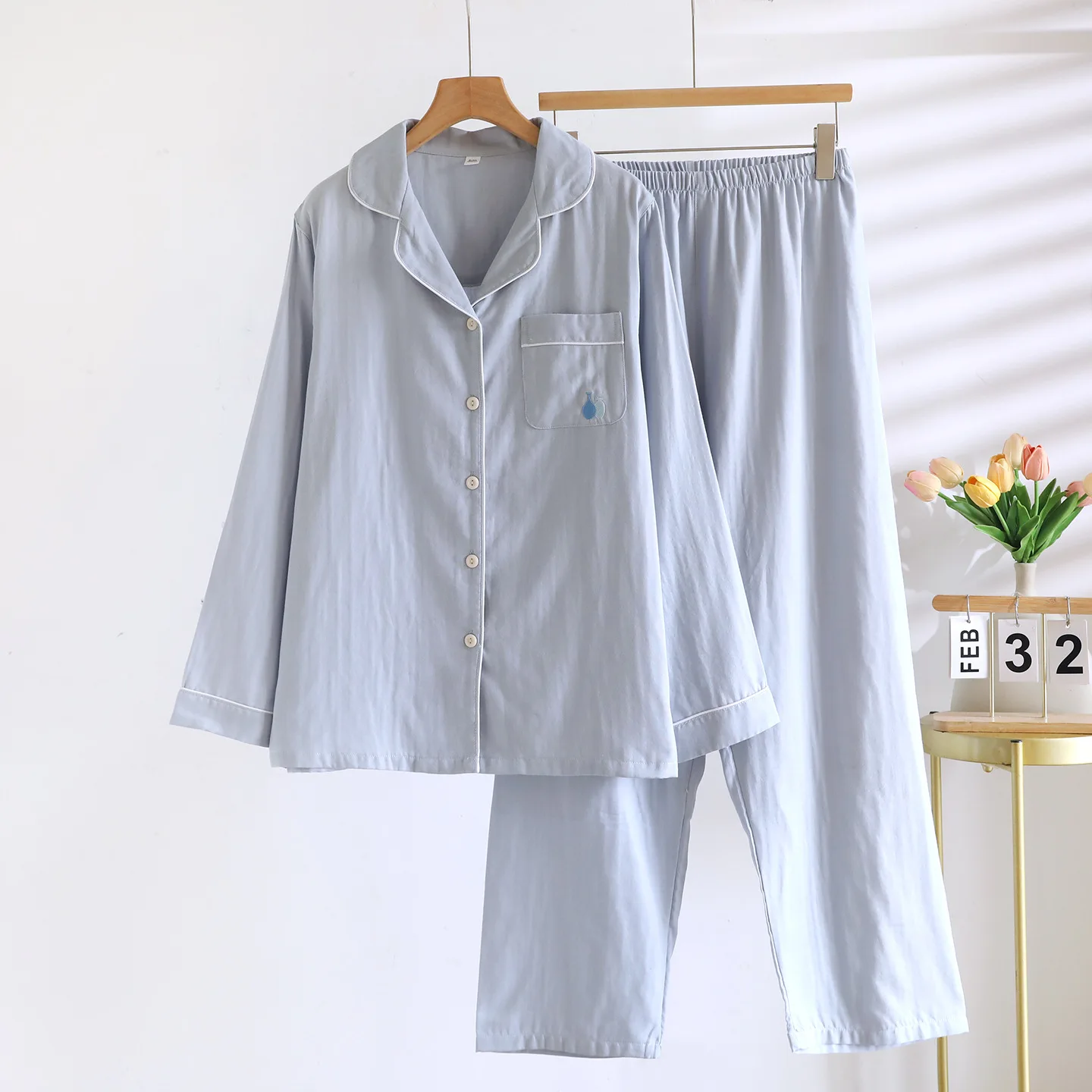 2026 New Spring And Autumn Women's Pajama Set 100% Cotton Simple Long Sleeve Long Pants Two Piece Set Cardigan Home Clothes