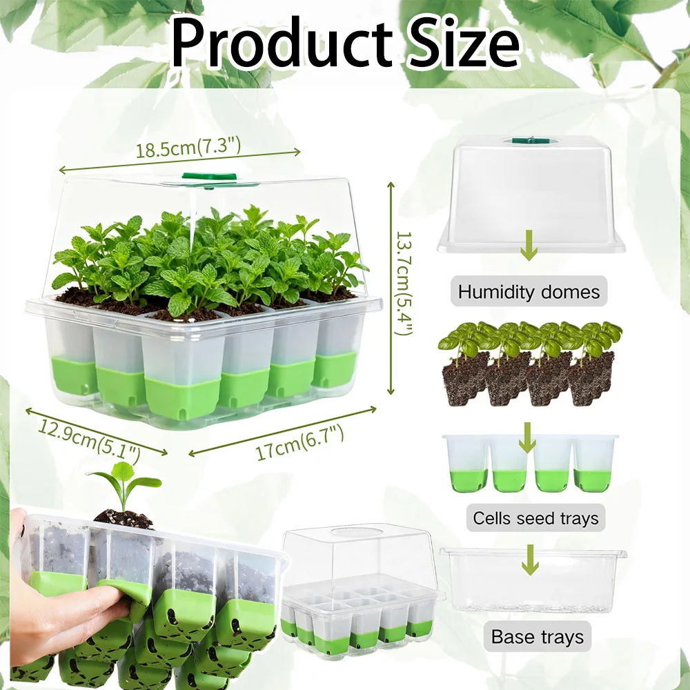 12 cell Seedling Starter Tray with Transparent Cover Adjustable Humidity Germination Box for Indoor Garden Greenhouse Growth Pot
