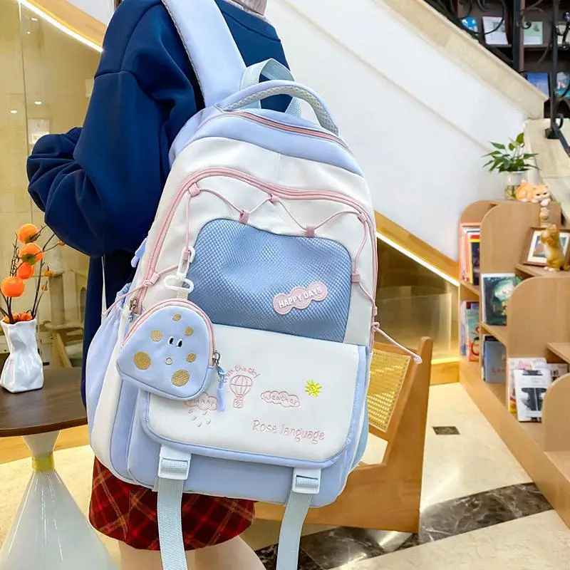 Large Capacity Embroidered Double Shoulder Bag for Girls High School Students High Aesthetic Value Color Collision Backpack