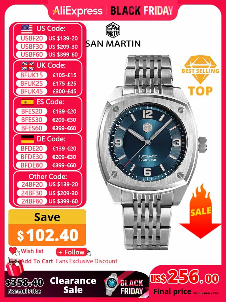 San Martin 39.5mm Original Design Square Sports Style High Quality Classic Luxury Men Mechanical Watches Sapphire 10Bar BGW-9