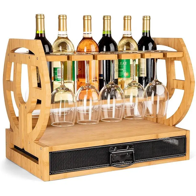 Glass Store Storage Handmade Countertop Bamboo Wine Rack Bottle And Wine Glass Holder with Wood Handle