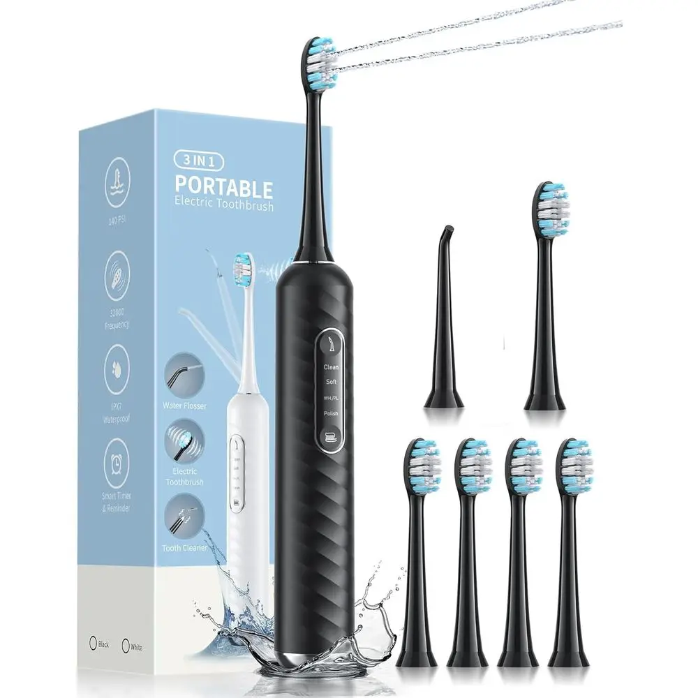 

2-in-1 Teeth Cleaning Kit: Electric Toothbrush and Water Flosser, 3 Modes, Portable for Home & Travel (Black)