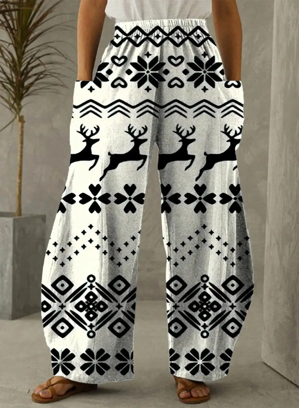 Loose casual pants with 3D snowflake moose print, suitable for women, large vintage Bohemian wide leg pants, autumn and winter