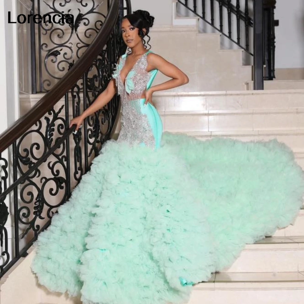 Customized Mint Green Ruffles Mermaid Prom Dress Silver Beaded Rhinestone For Black Girls Birthday Party Gala Gown YPD172