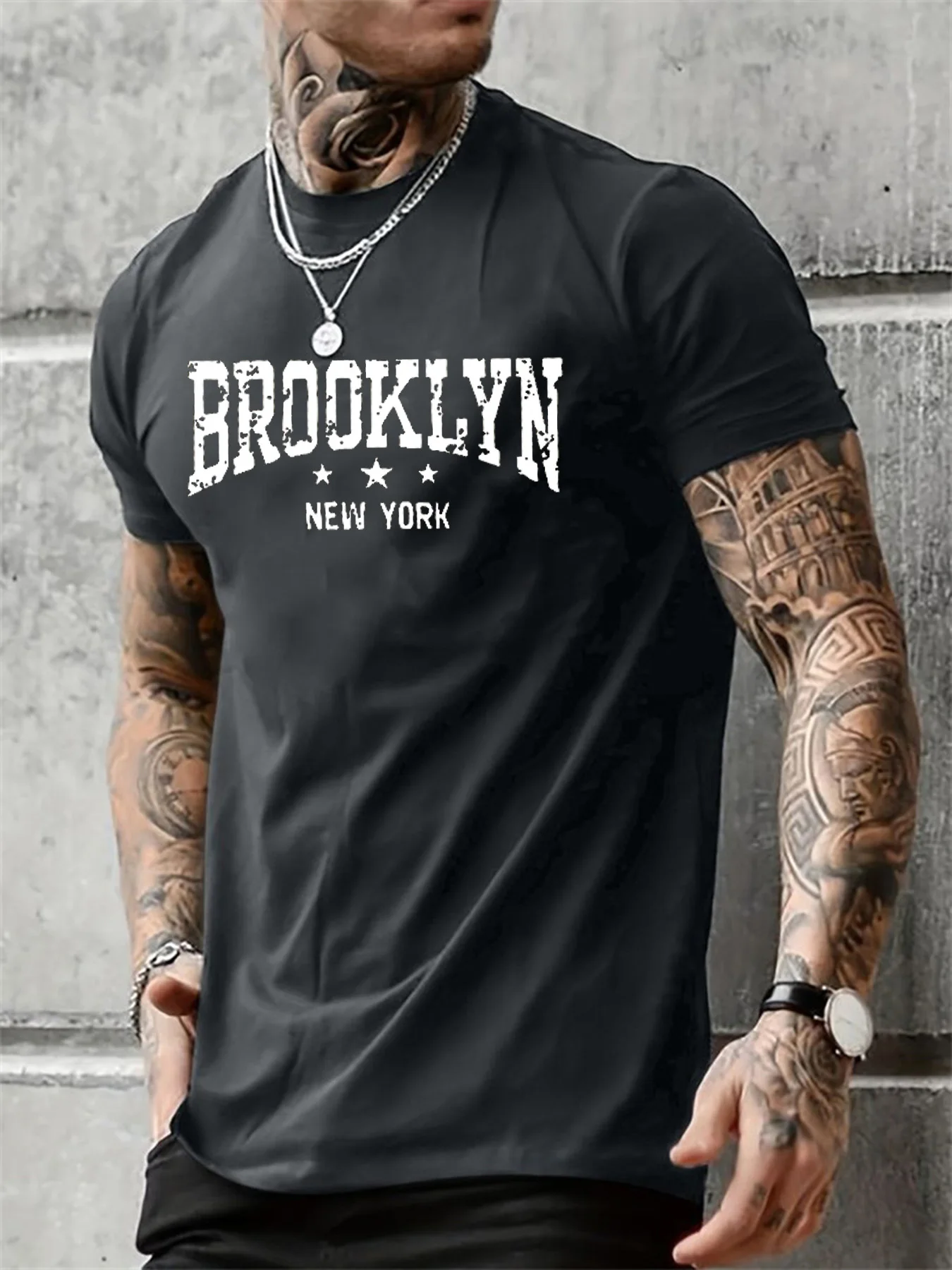 Men's  Pure Cotton Summer Casual Loose Brooklyn New York Letter Printed Comfortable Round Neck Short Sleeved T-shirt Top