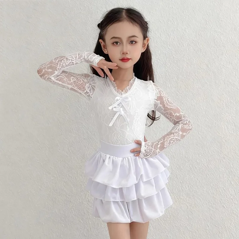 Adult Women Lace Print Latin Dance Bodysuit and Cake Skirts Professional National Standard Social Rumba Dancewear Costumes