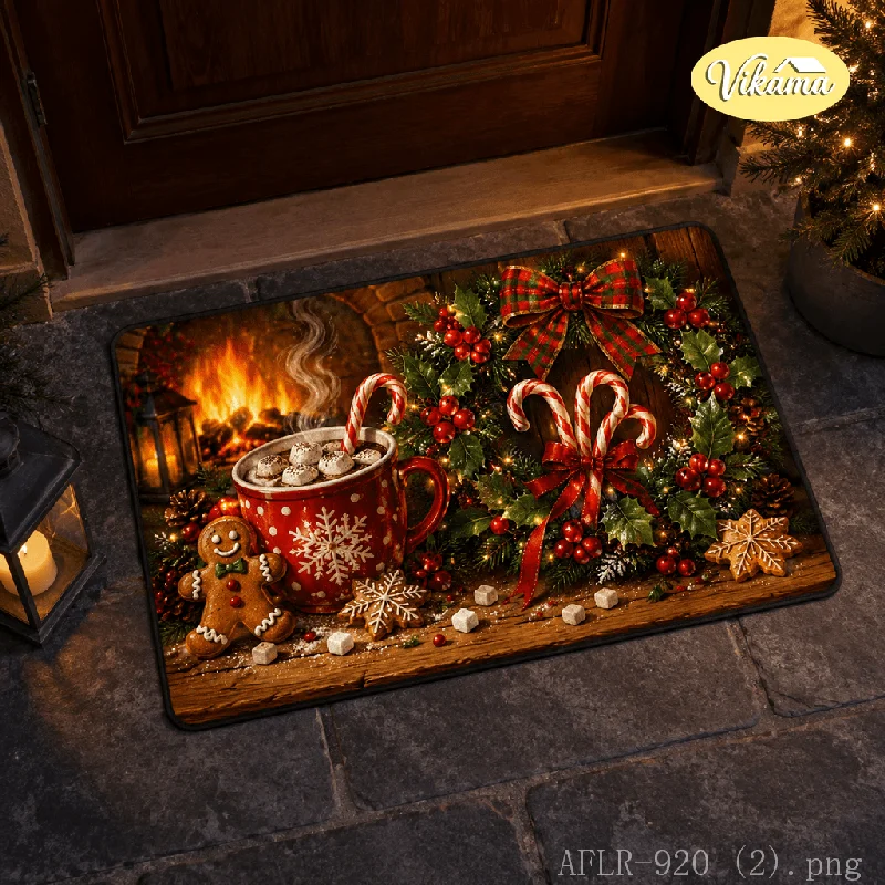VIKAMA Gingerbread Hot Cocoa Candy Cane Door Mat Durable Non Slip Front Door Non Slip Backing Home Organization Home Decor
