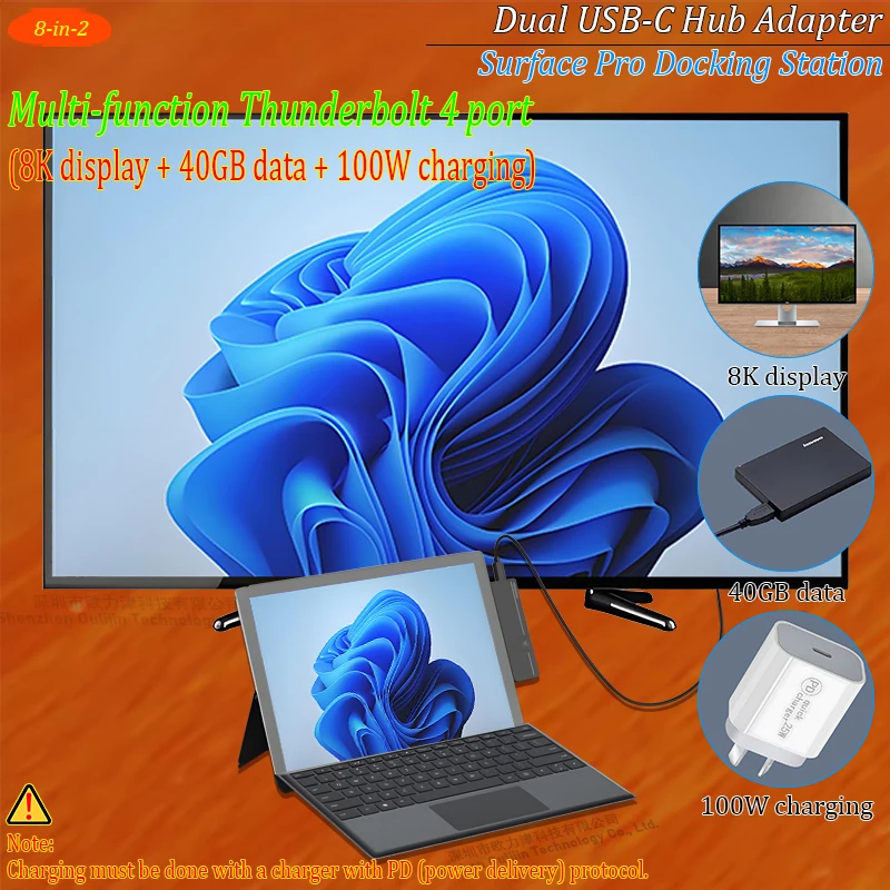 For Microsoft PC accessories surface pro 9 usb hub docking station hd Dual type c hub thunderbolt 4 dock HDMI surface pro 8/9/X