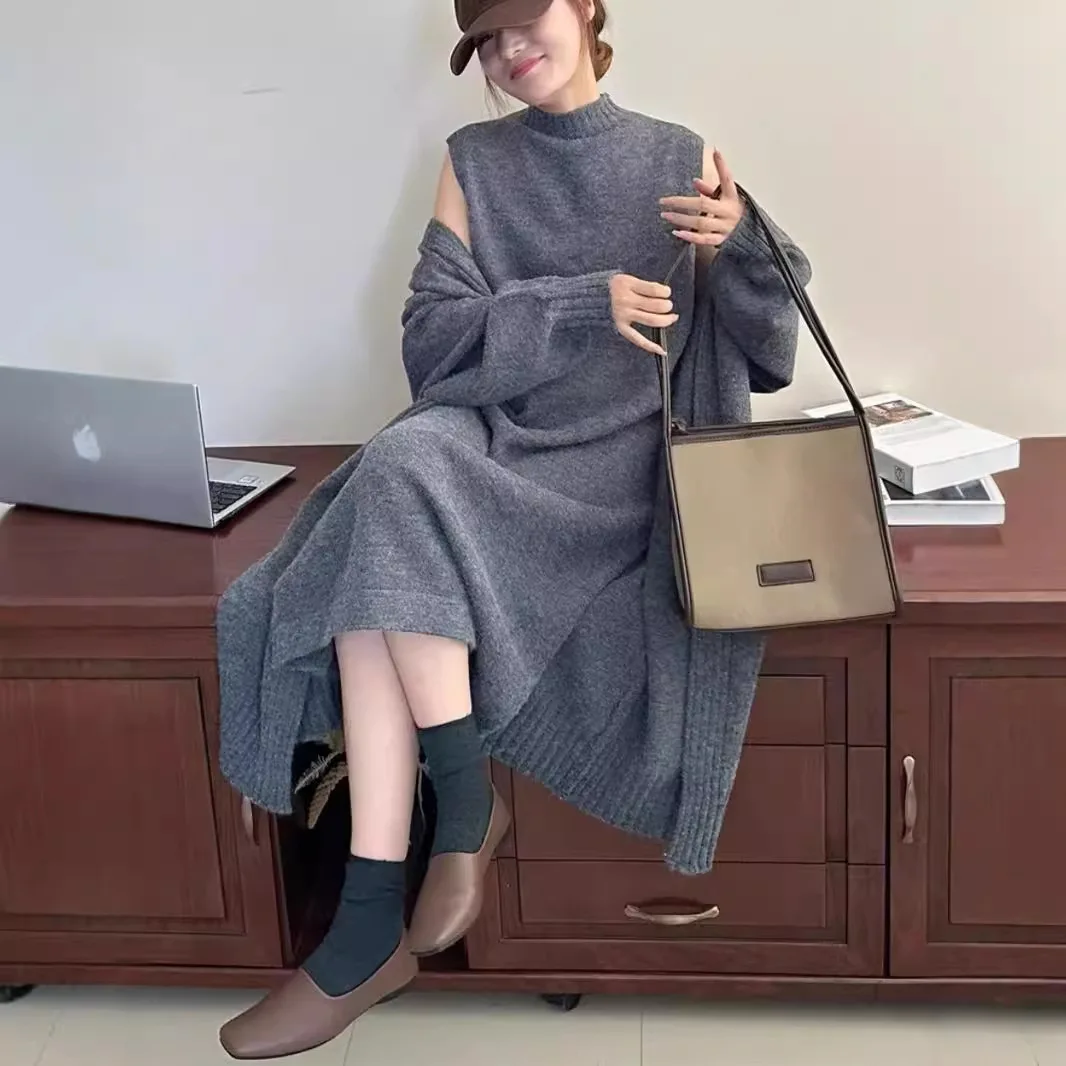 Korean Version Two-piece Knitted Cardigan Women's Autumn and Winter New Item High Neck Vest Skirt Casual Women's Set