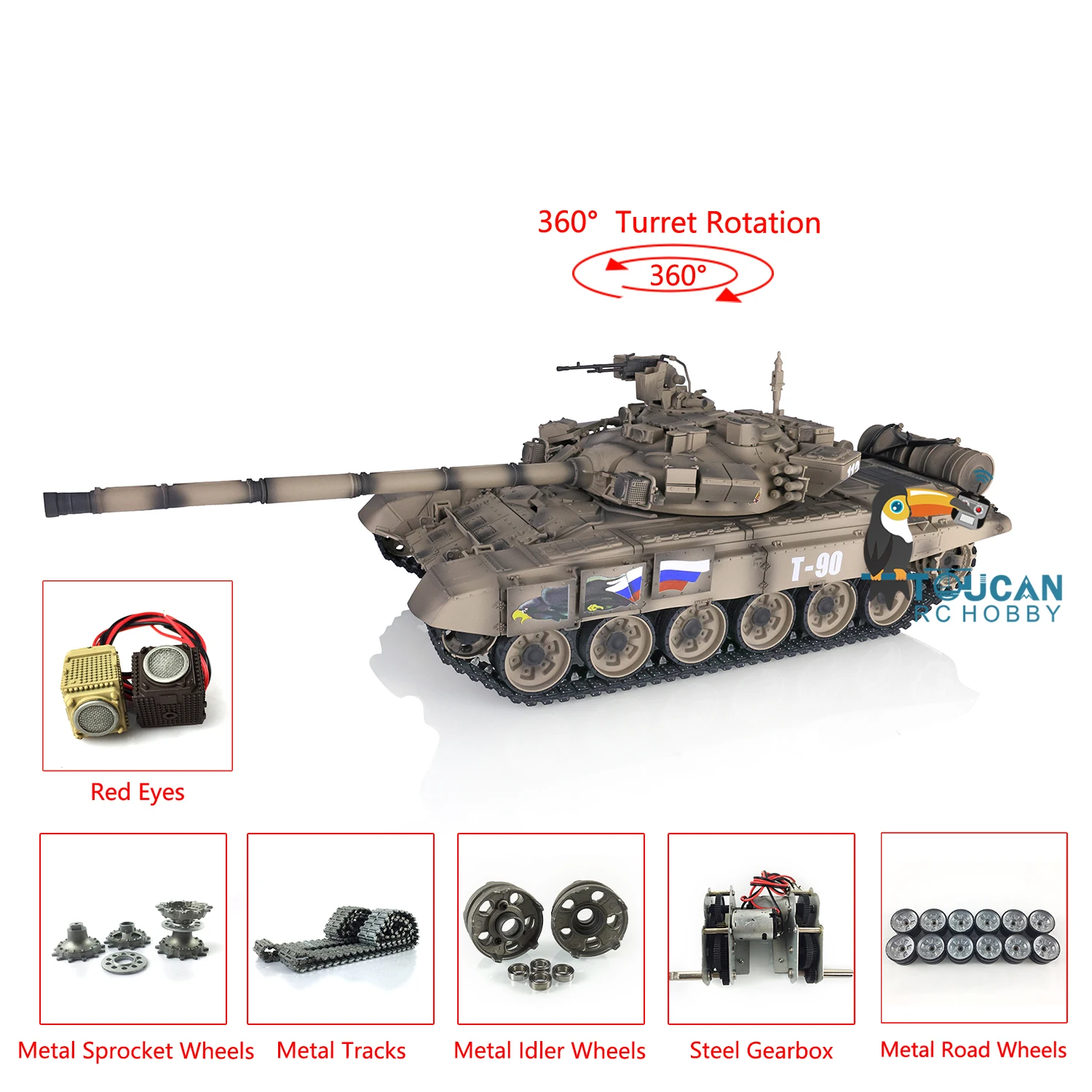 HENG LONG RC Tank 3938 7.0 Russia T90 1/16 RTR 360° Turret Metal Wheels Red Eyes Battery BB Pellets Radio Models Toys TH17870