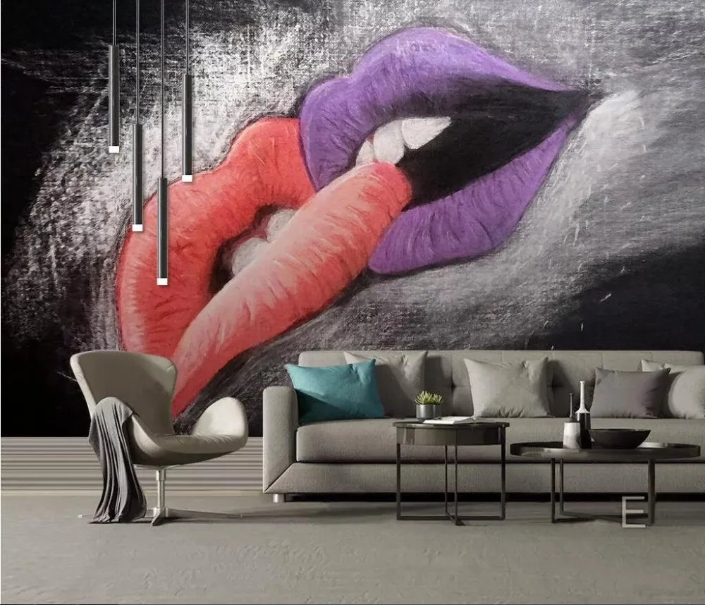 beibehang Custom wallpaper 3d mural European hand-painted oil painting red lips with love background wall decoration painting