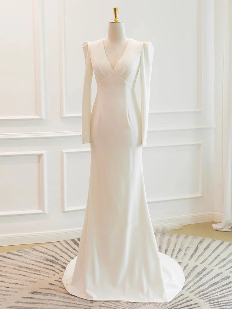 

Silk Satin Light Wedding Dr 2026 New Simple Long Sve Brideom Outing White Engagement Fi Tail Gown Spring
