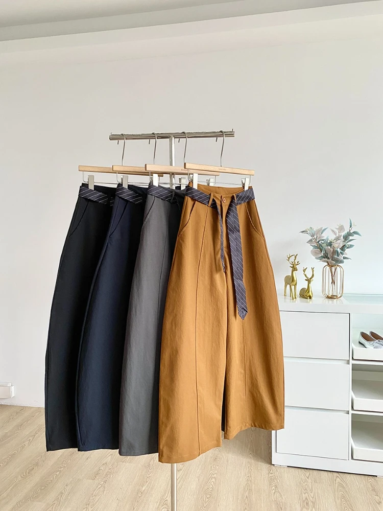 2025 خريف جديد الكورية نمط تصميم عصري فضفاض عالية الخصر تنوعا سراويل تقليدية الصلبة بنطال ذو قصة أرجل واسعة للنساء