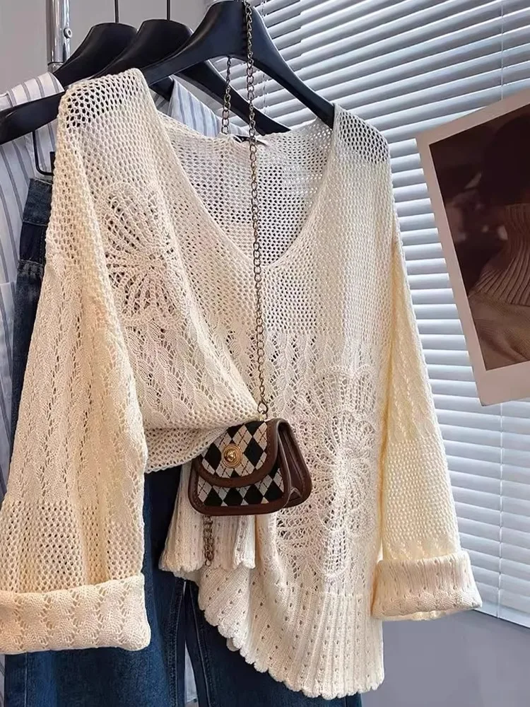 Top da donna alla moda lungo Sve lavorato a maglia scavato ricamato sciolto comodo casual Sle V-Ne primavera autunno Faion