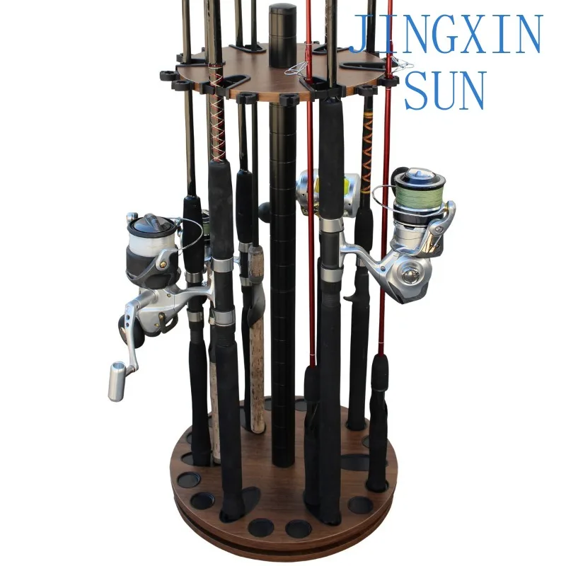 Dark Walnut 24 Round Rotary Wooden Fishing Pole Rack Toolless Assembly Bracket Storage Fishing Pole Rack
