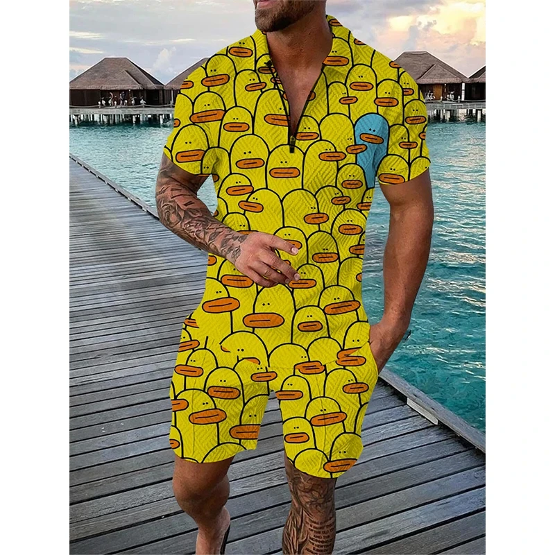 Man Sweatshirt Duck print Tracksuit 2pcs set 3D Duck print Zipper Polo Shirt Short Sleeve Shirt and Shorts Casual Fashion Zip-Up