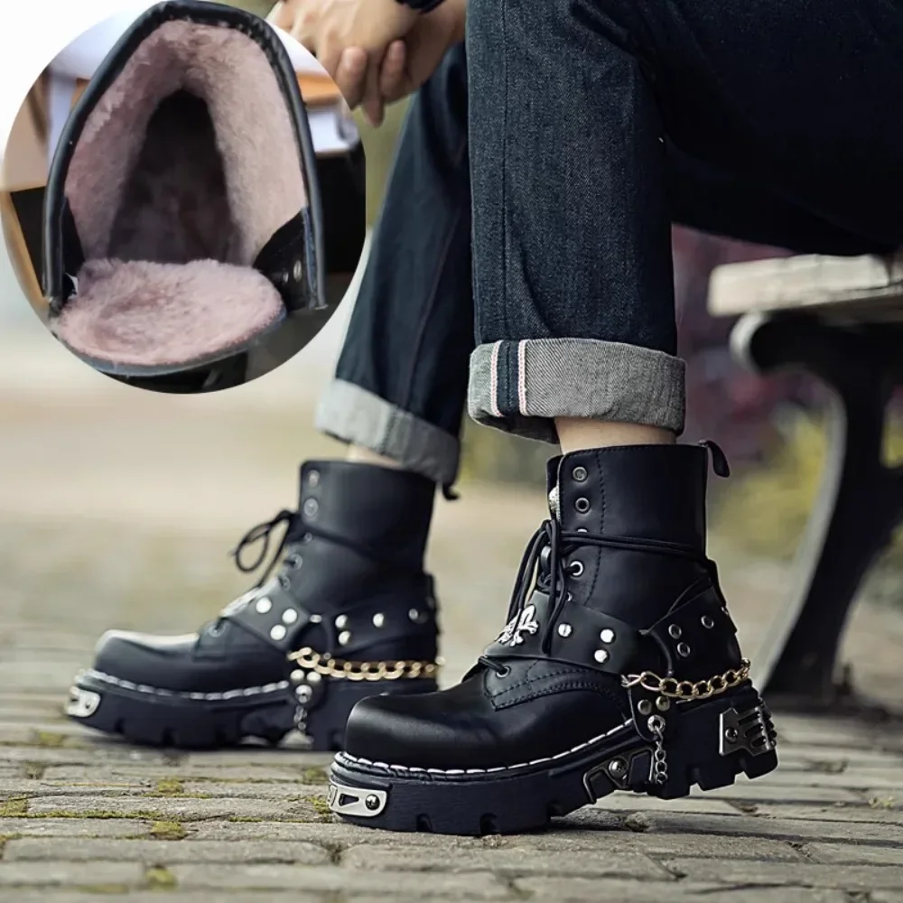 

Men Fashion Genuine Leather Motorcycle Boots,Punk Goth Skull Mid-calf Boots Metal Chain Western Cowboy Chelsea Boots Thick Sole