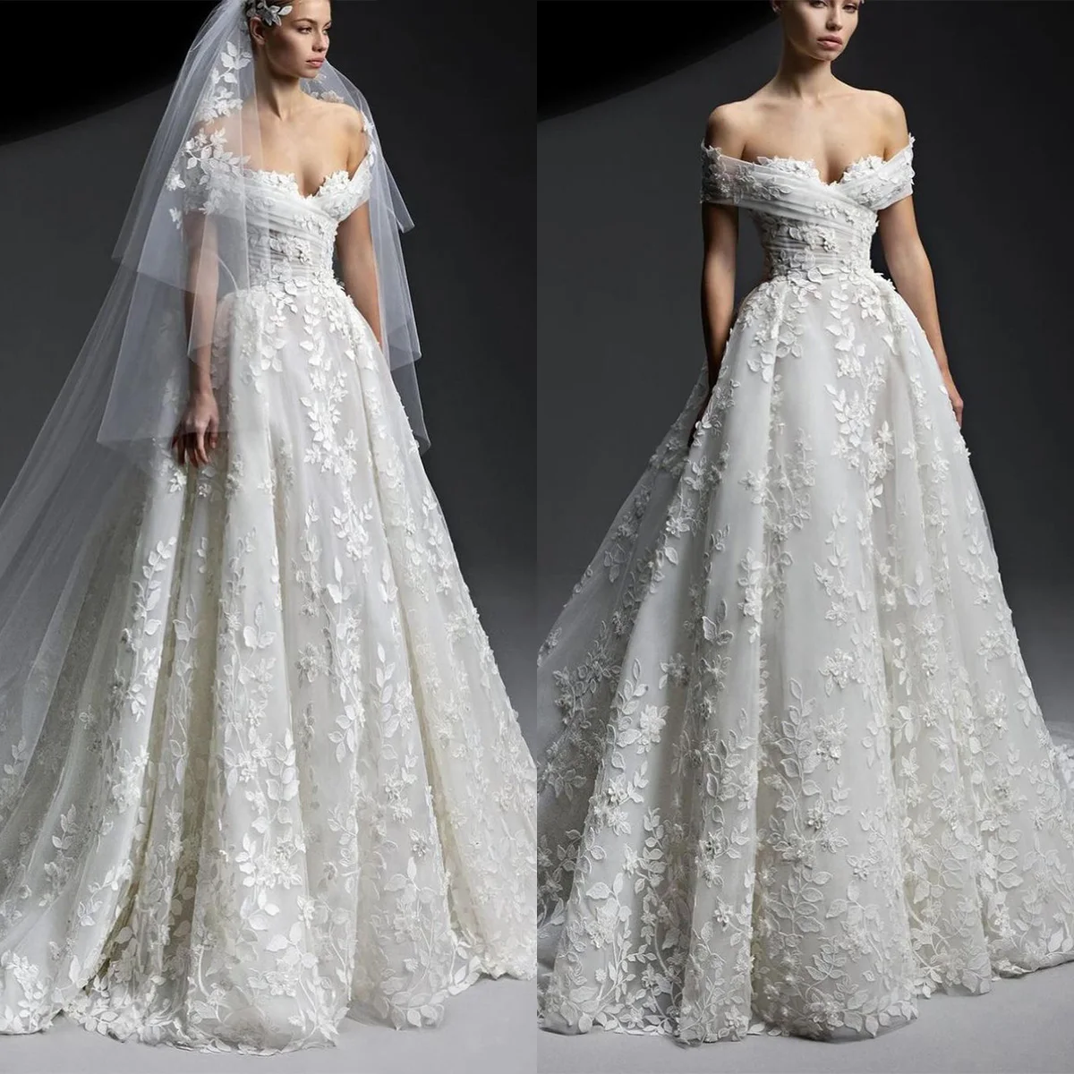 

Gorgeous Bohemian Wedding Dresses Sexy Off Shoulder Ball Bridal Gowns Custom Made Sweep Train Sequins Appliques Lace Robes