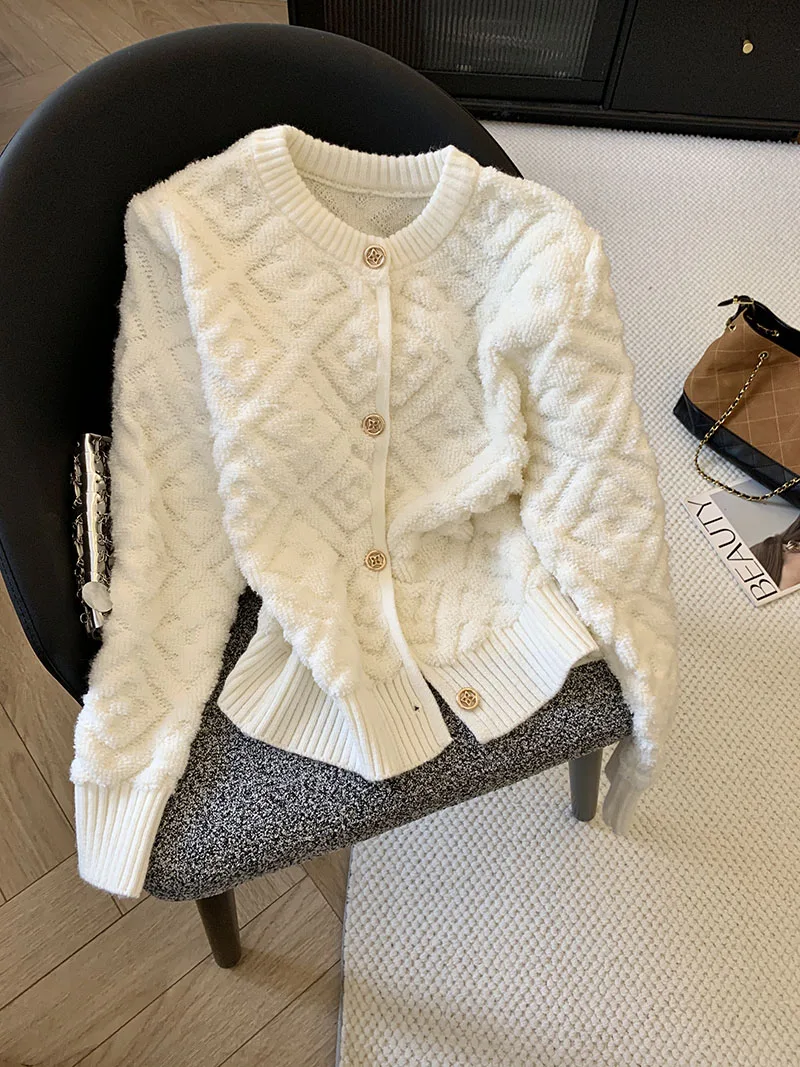 

Xiaoxiangfeng Diamond Grid Jacquard Knitted Cardigan Women's Long Sleeved Round Neck Slim Fit Loose Fit Sweater Jacket
