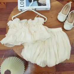 2024 Summer New Girl's French Ruffle Edge Sling Chiffon Shirt Flower Bud Skirt Two Piece Set Kids Clothes