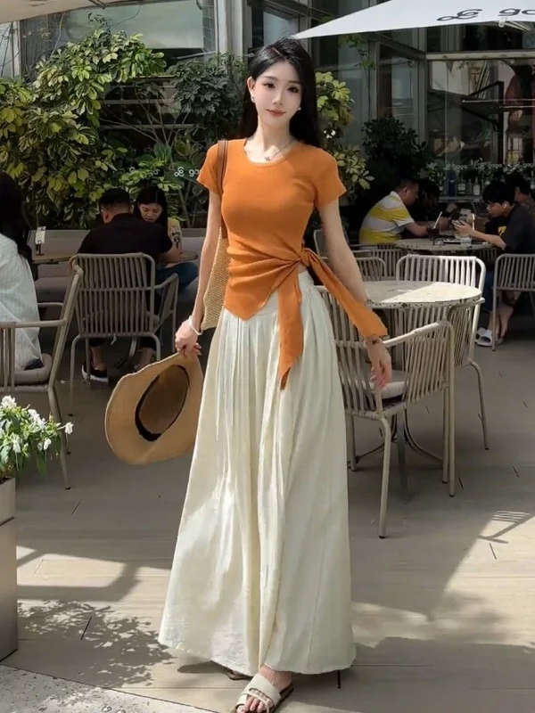 

Korean Gentle Faion Set Women Summer Anti-Aging Orange Belted Slim ort Sve Casual Pants Two-Piece Set Sli T-irt