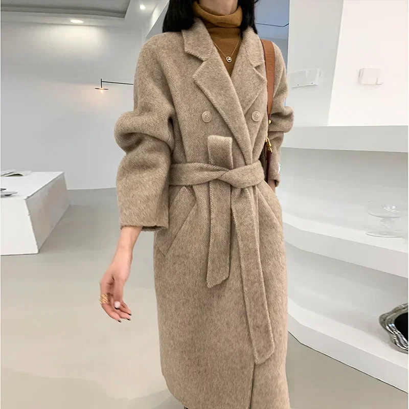 New High-end Women Wool Herringbone Loose Double-sided Wool Coat Temperament Handmade Natural Wool Fashion Jacket Autumn Winter