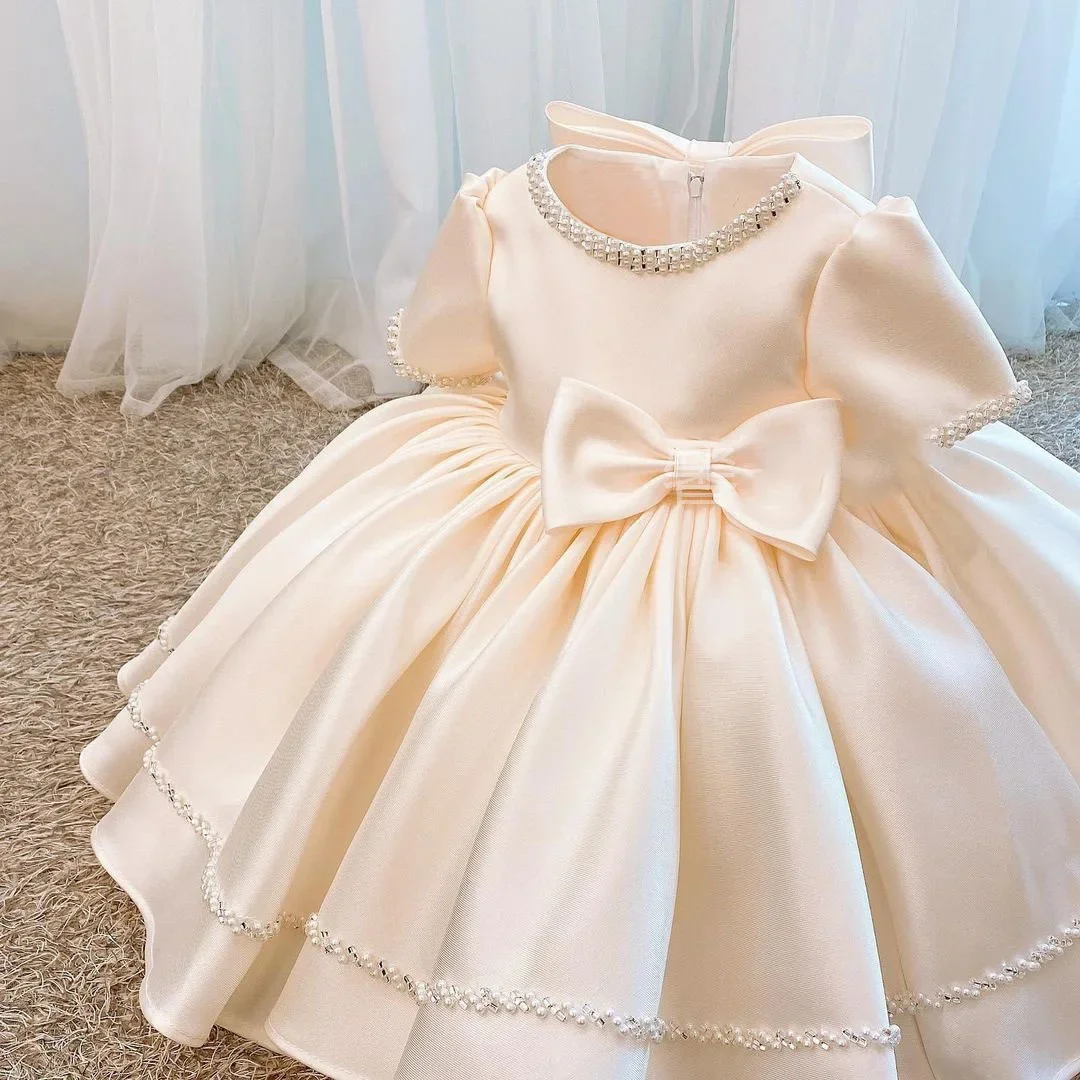 Meisje Jurk Prinses Kinderen Kleine Gastheer Baby Jurk Meisje Effen Parel Strik Prinses Feest Verjaardag Jurken Sweet Dress Vestidos