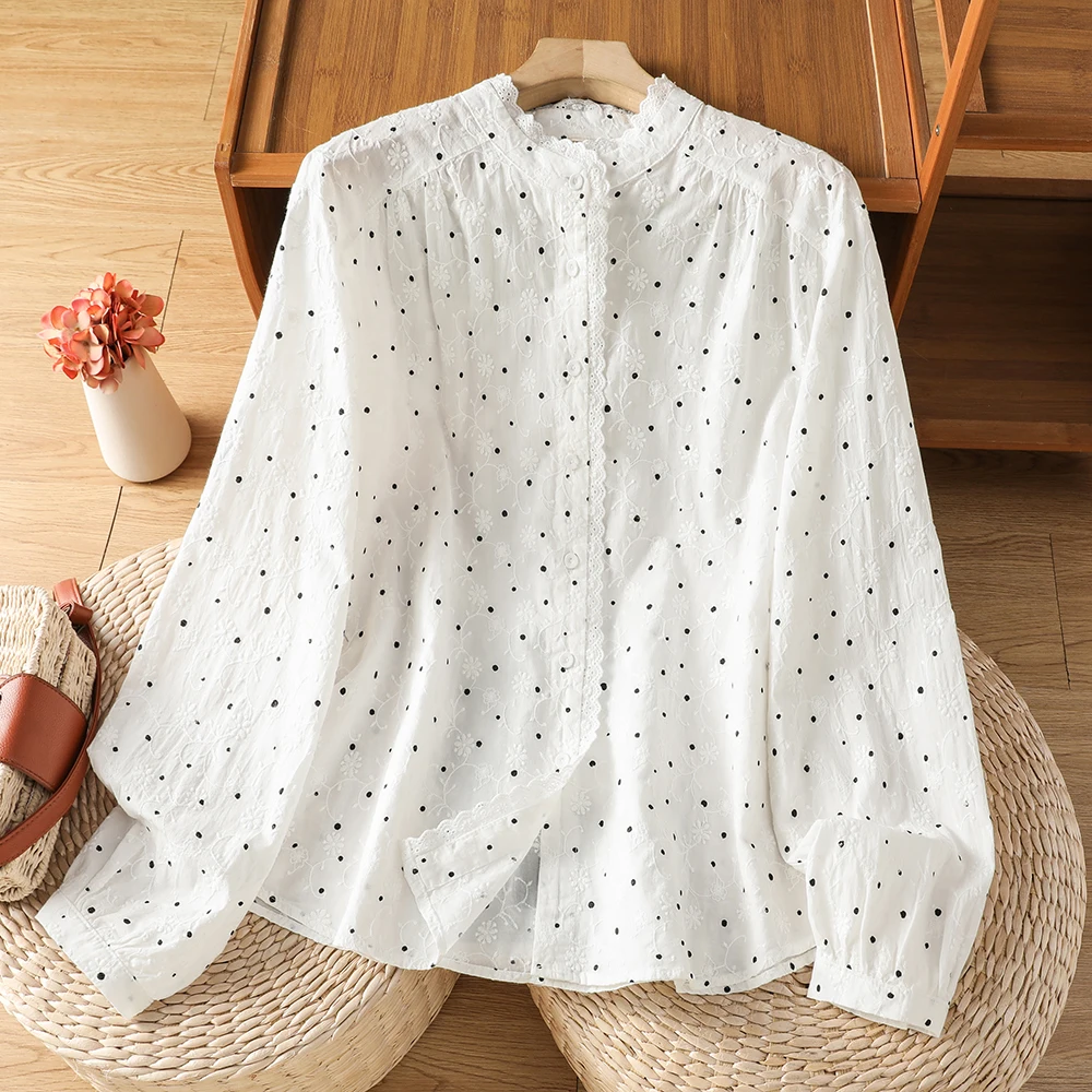 

Элегантная женская рубашка с длинными рукавами, вышивкой в горошек и кружевным подолом, свободного кроя, стройнящая, летняя, модная, универсальная, во французском стиле