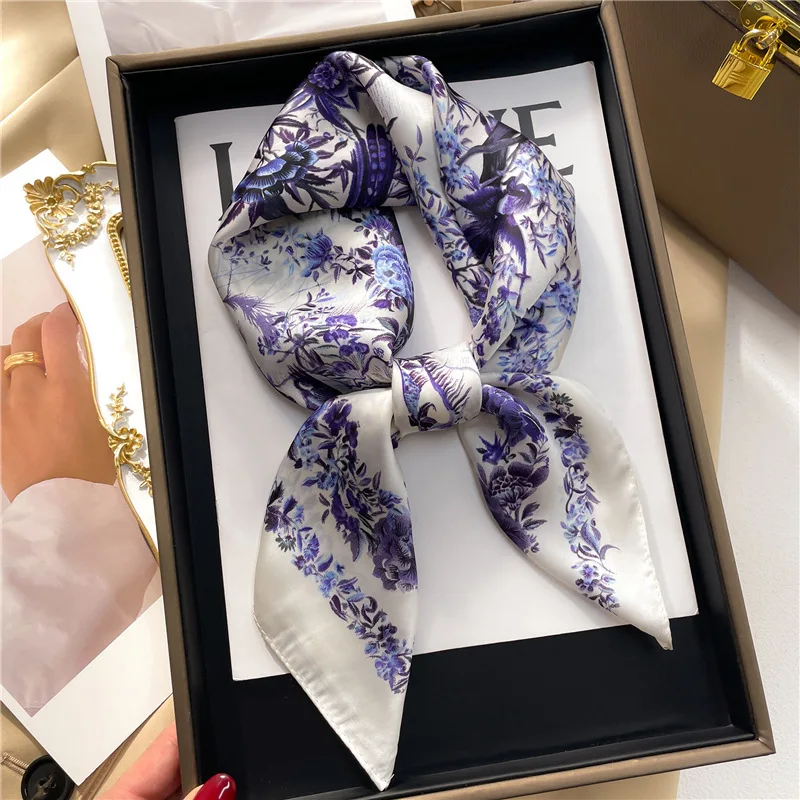 Luxury Plant Floral Print Square Scarf for Women Satin Fashion Wraps Neckerchief Female Hair Bands Headband Bandana