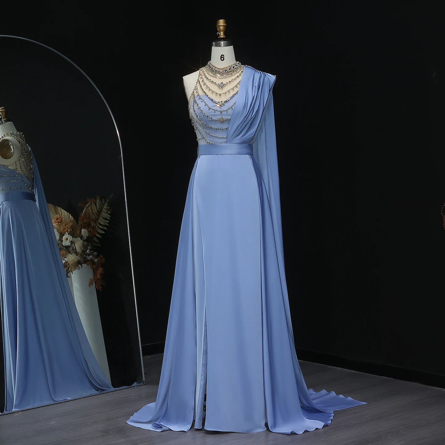 

Sharon Said Elegant Blue Luxury Crystal Arabic Evening Dress with Cape Dubai Women Wedding Formal Party Gowns SS300 Customized