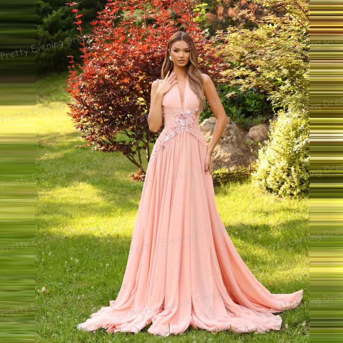 

Luxury Sexy Pink Evening Dresses Woman's A Line V Neck Sleeveless Appliques Prom Growns Fashion 2025 Customized فساتين س