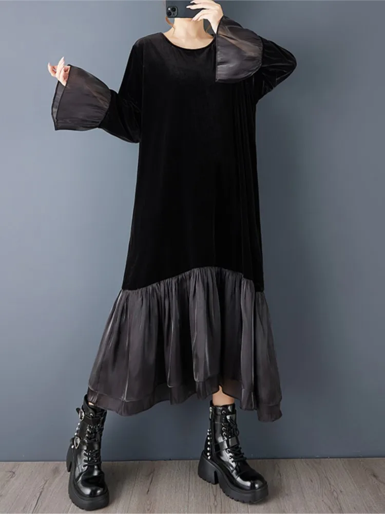 Robe surdimensionnée en velours pour femmes, rétro, Patchwork, évasée, manches longues, robes amples, printemps automne