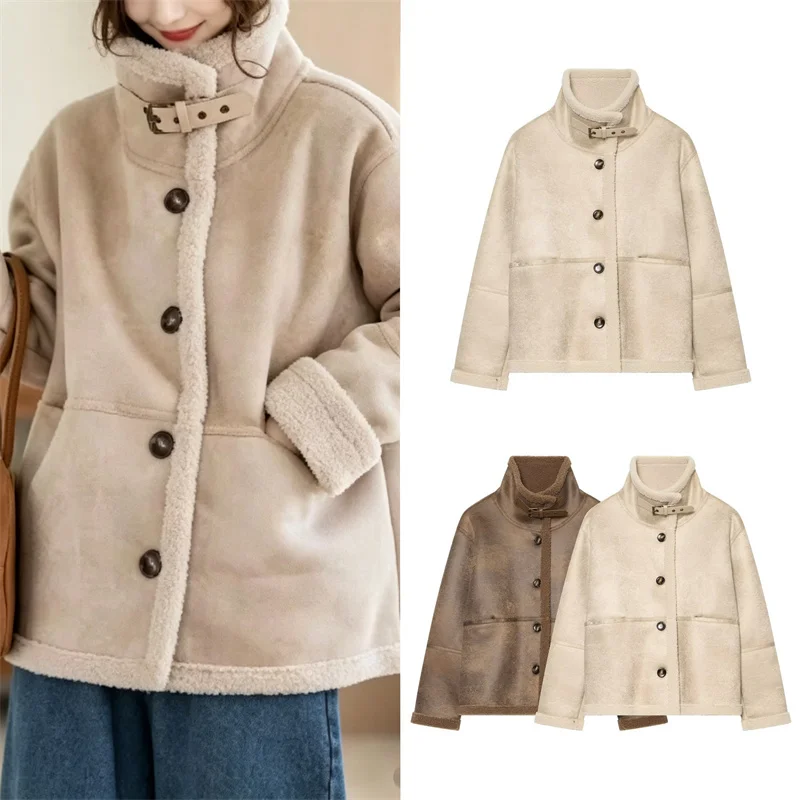 Guobioziy Women's Jacket 2026 Autumn/Winter New Casual Long-Sleeve Loose Faux Wool All-in-One Stand Collar Jacket Parka