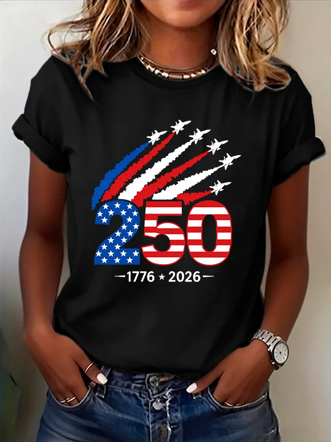ilstile Women's Patriotic 250th Anniversary USA 1776-2026 Jet Print T-Shirt Patriotic Casual Short Sleeve Tee Casual Tops