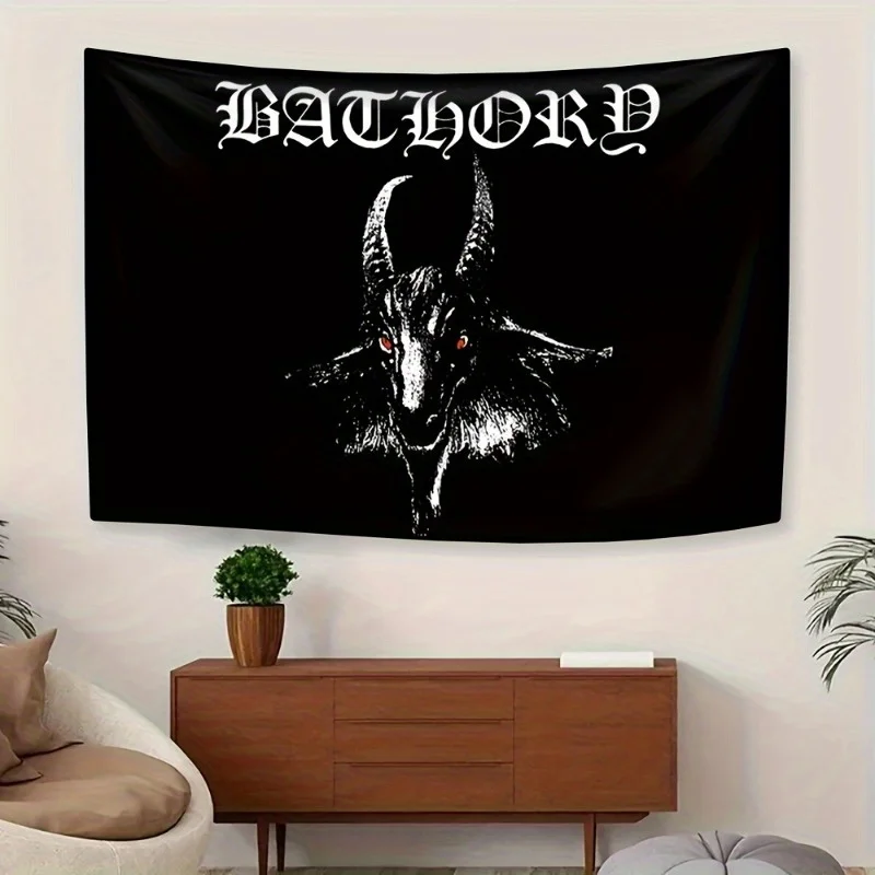 1 tapiz artístico de cabra de metal negro Bathory, tapiz de pared de poliéster 2D, tapiz decorativo oscuro de estilo oculto, regalo ideal para entusiastas del heavy metal.