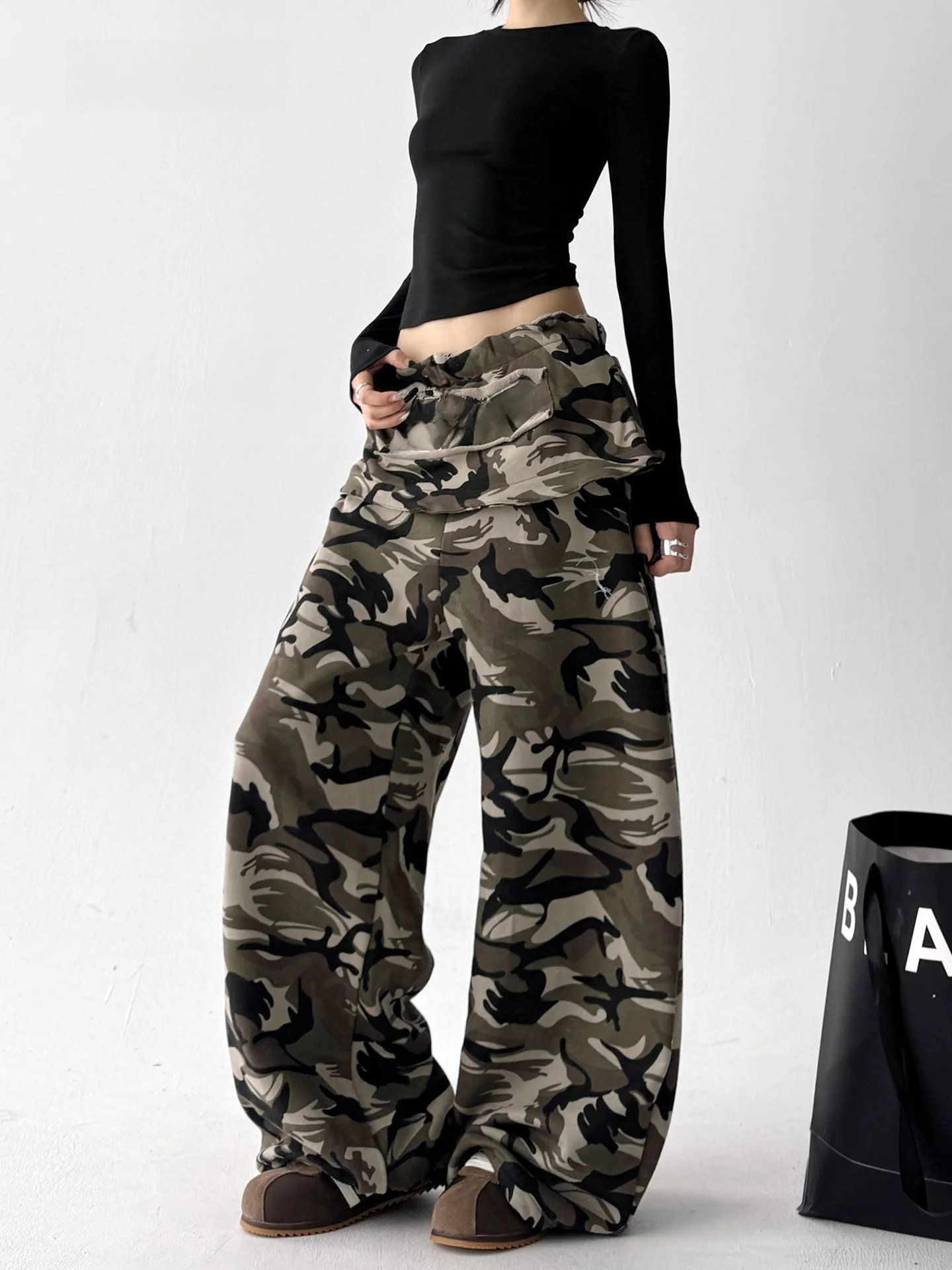 

Женские брюки с высокой талией, камуфляжные, широкие, повседневные, для работы, весна-осень, новые, модные, женские брюки с высокой талией