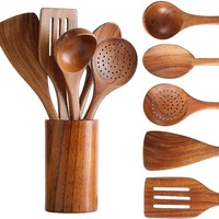 6PCS Wood Kitchenware Cooking Household Spatula Spoon Set Salad Spoon Fork Stirring Spoon Kitchen Baking Set with Storage Bucket