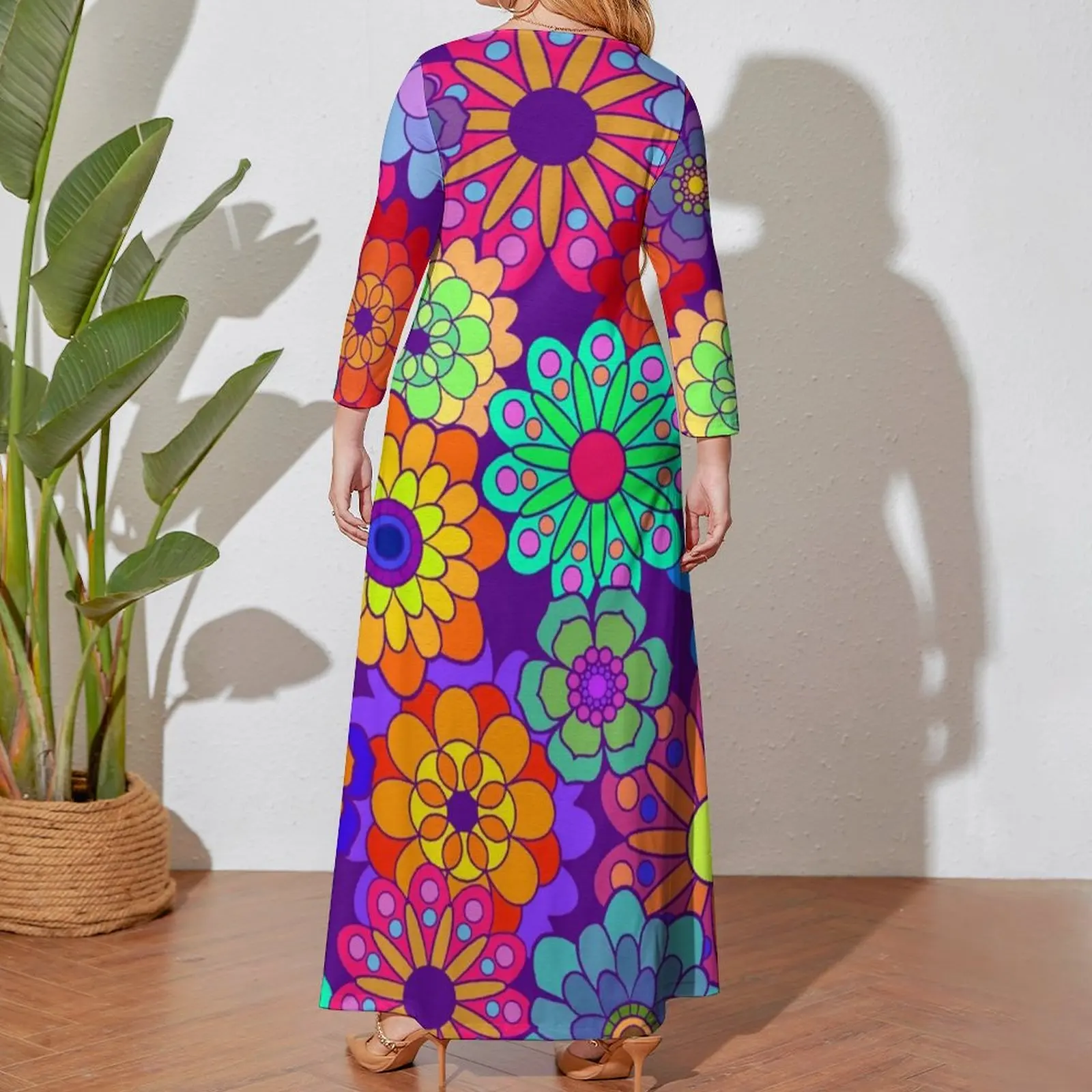 Vestido de flores Hippy de manga larga, maxivestido elegante con estampado de flores, talla grande 4XL, 5XL