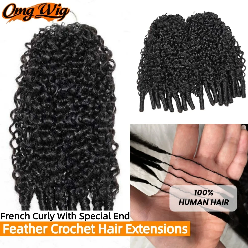 

Французские вьющиеся перья, вязаные крючком человеческие волосы, натуральные черные 100% человеческие волосы 3-го поколения со спиральными концами