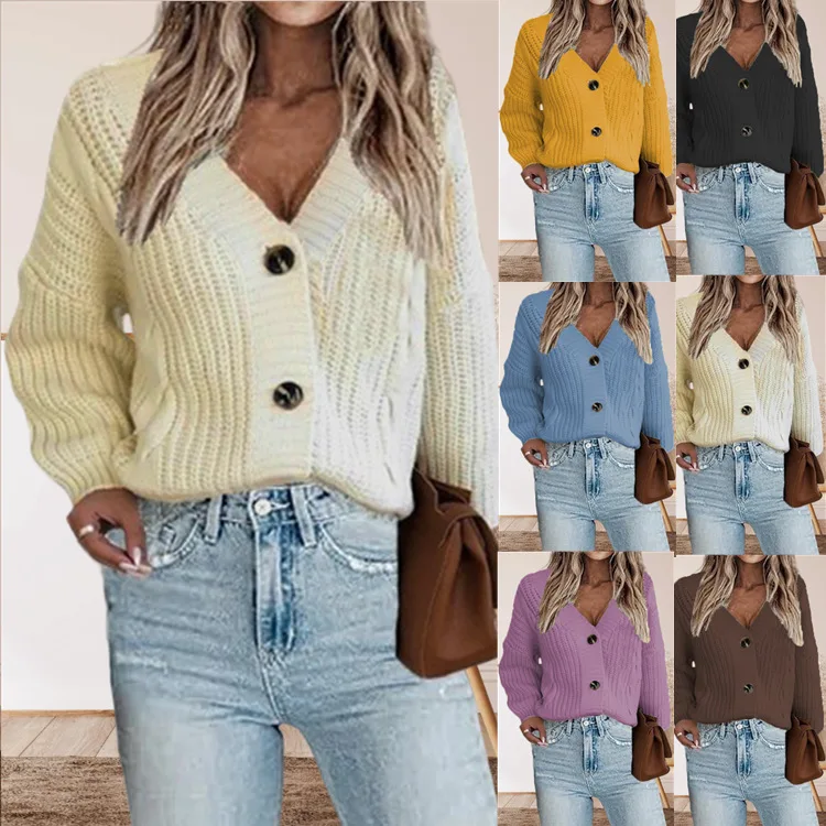 Autumn And Winter Sweater Women's V-neck Solid Color Knitted Sweater Button Twist Knitted Cardigan Jacket