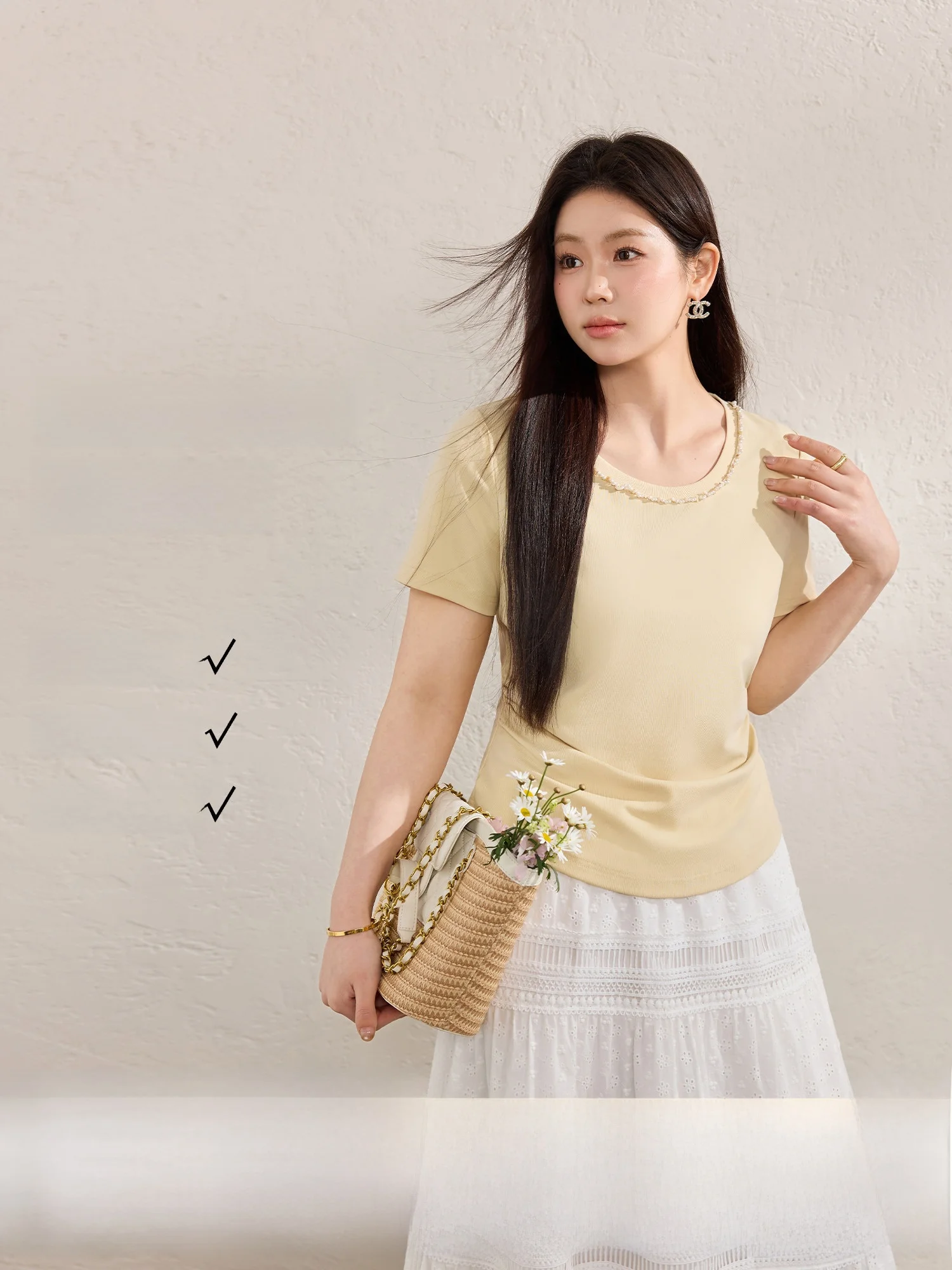 

Blue Language Large Size Beaded Knitted ort Sve round Ne T-irt Spring New Arrival Women's Slim Fit Cotton Blend Top