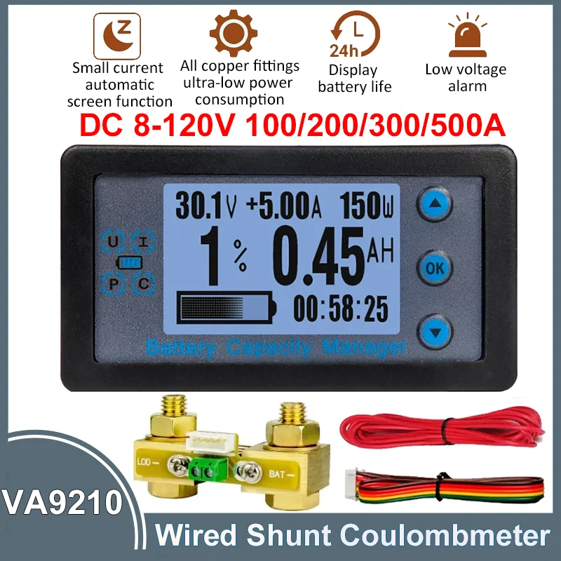 Coulombmètre filaire DC 8-120V 100/200/300/500A, compteur d'énergie, testeur de capacité de batterie, alarme basse tension, ampèremètre LCD, voltmètre