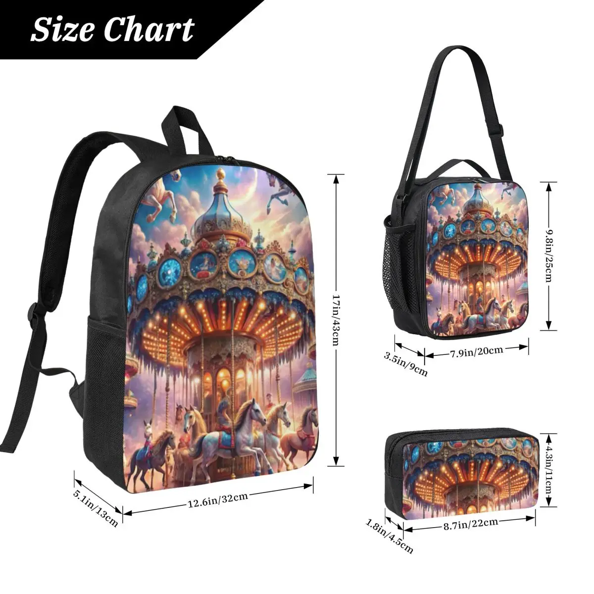 Artistic Details Of A Carousel Backpack Boys Girls BookBag School Bag Laptop Shoulder Bags 3ps Insulated Lunch Bag Pencil Case
