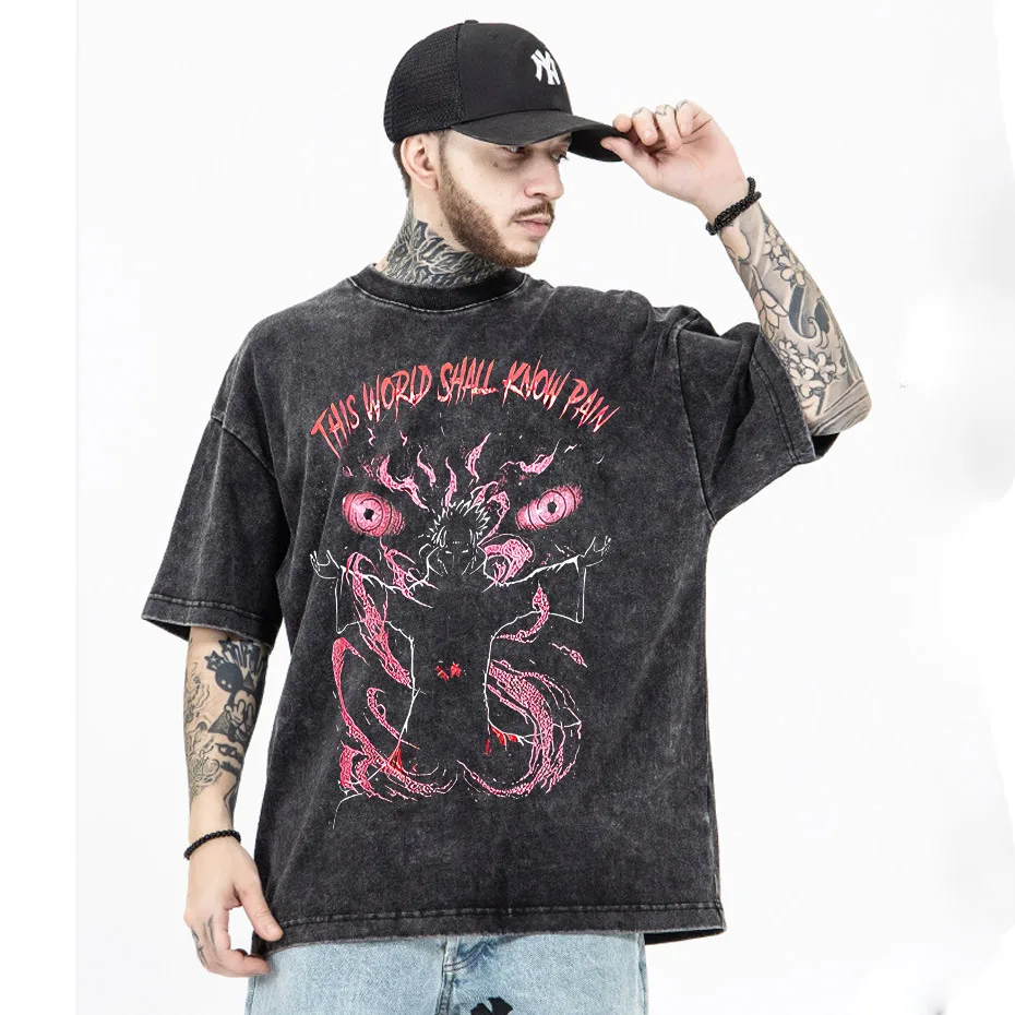 black source Anime Pain Printed T Shirt Men Retro Washed 100% Cotton Tops Tees Harajuku Tshirt Streetwear Hip Hop Male T-shirts