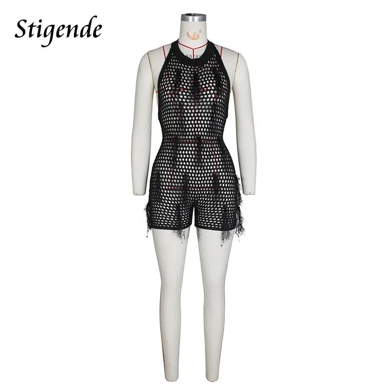 Stigende Women Patchwork Tassel See Through Jumpsuits Rompers Sexy Backless Lace Up Knit Cover Up Playsuit